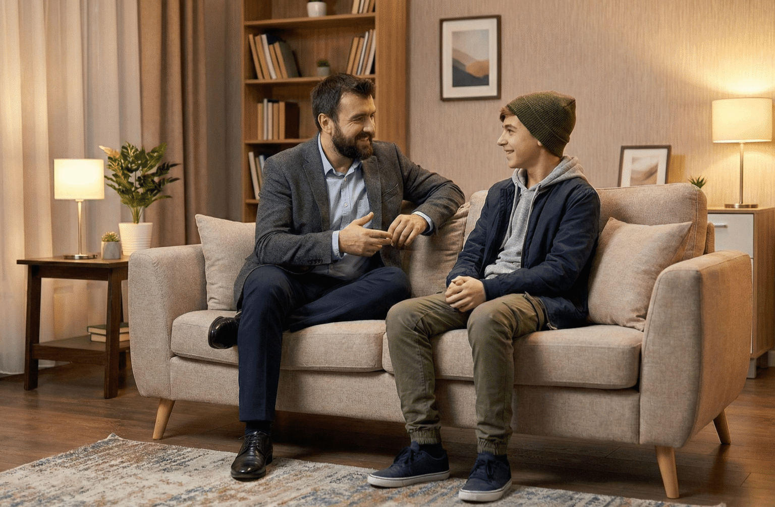 Therapist sitting on the couch with a teen