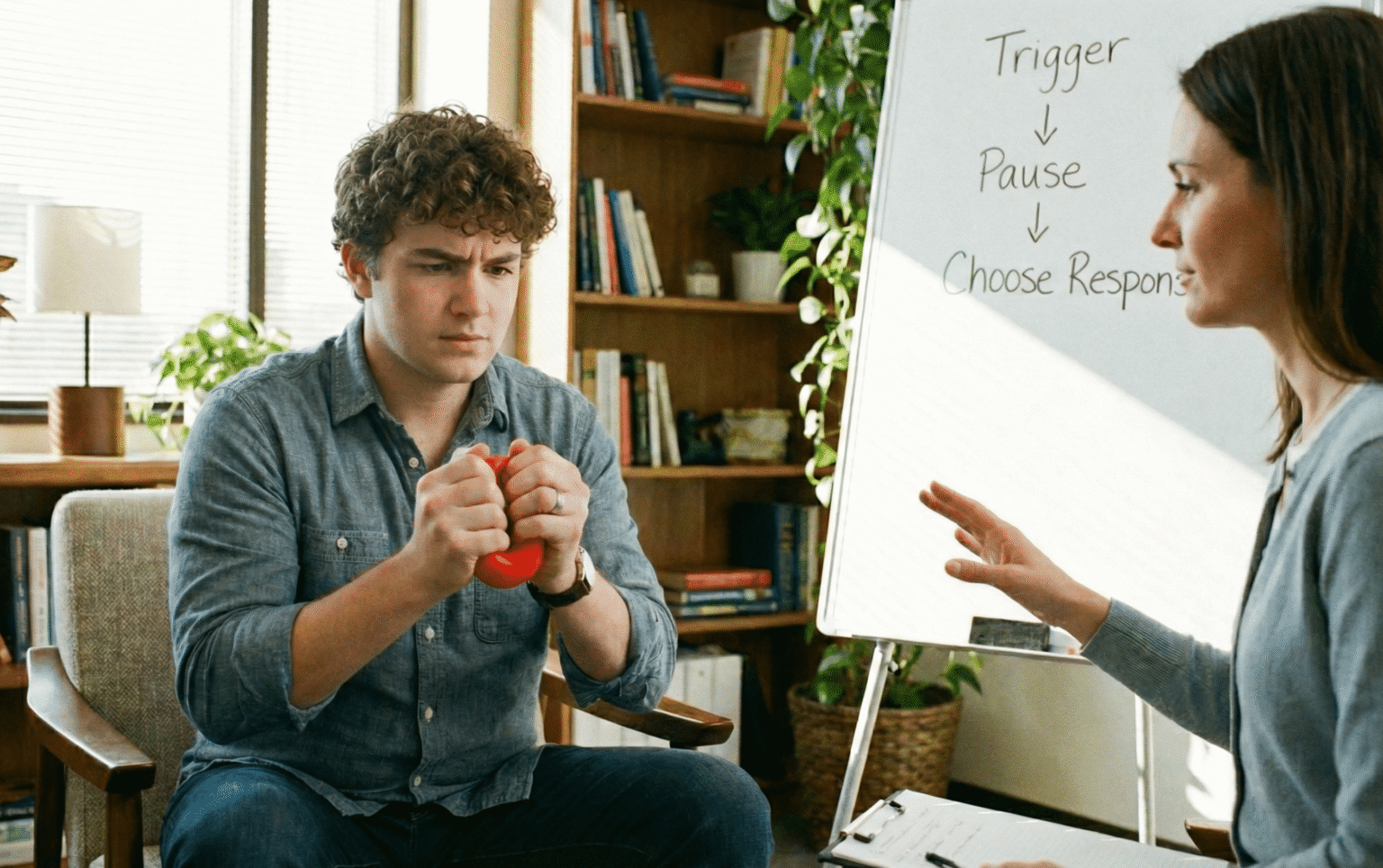 Teen boy squeezing a stress ball